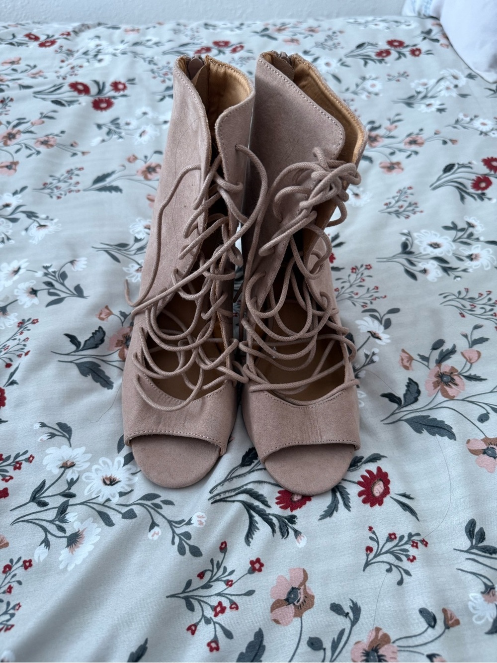 Neutral Taupe Lace-Up Peep-Toe Heels - Women